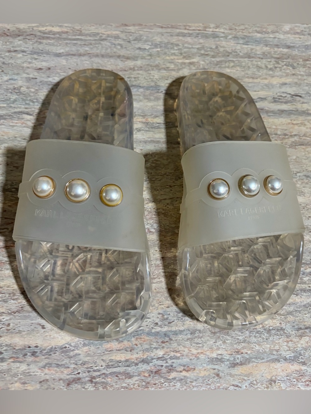Karl Lagerfeld Clear Faux Pearl-Trim Slide Sandals